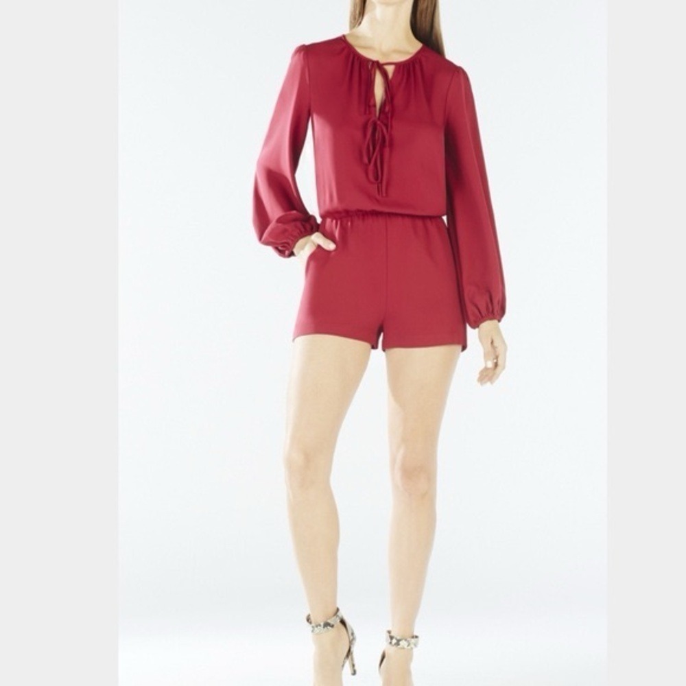 BCBGMaxAzria Romper with Flowy Sleeves and Tie-Neck